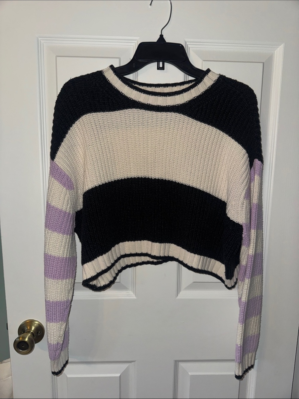 American Eagle Outfitters Black, Cream & Lavender Striped Cropped Sweater